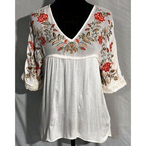 Ranna Gill Peasant Blouse, Embroidered, Crocheted Trim, V-Neck Size XS